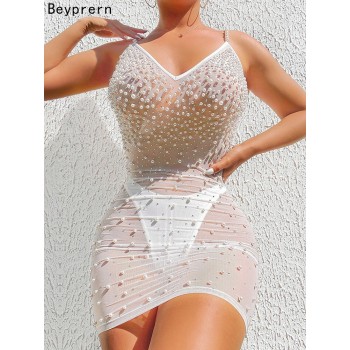 Elegant Sheer Mesh Pearls Details Short Party Dress Glam Backless Sequins MIni Dress Birthday Outfits